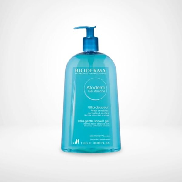 Gel douche Atoderm BIODERMA hydratant pour peau sensible, sans savon, couleur bleue, texture onctueuse