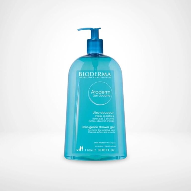 Gel douche Atoderm BIODERMA hydratant pour peau sensible, sans savon, couleur bleue, texture onctueuse