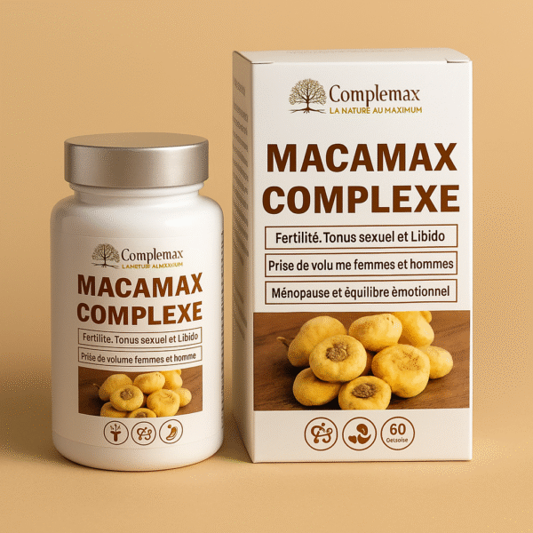 Maca complément naturel Complemax Maca Max : énergie, vitalité, équilibre hormonal et performance au quotidien. 60 gélules.