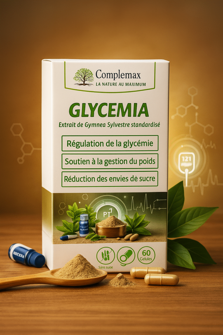 Complément glycémie naturel Complemax Glycemia : gymnema, fenugrec, cannelle pour stabiliser la glycémie et réduire les pics de sucre.