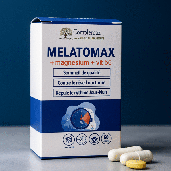 Mélatonine magnésium complément naturel Complemax : favorise l’endormissement rapide, sommeil profond, détente mentale et réveil tonique.