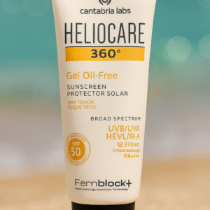 Gel solaire SPF50 oil‑free, anti‑sébum, large spectre UV, Fernblock® antioxydant. Texture sèche idéale peaux grasses, non comédogène.