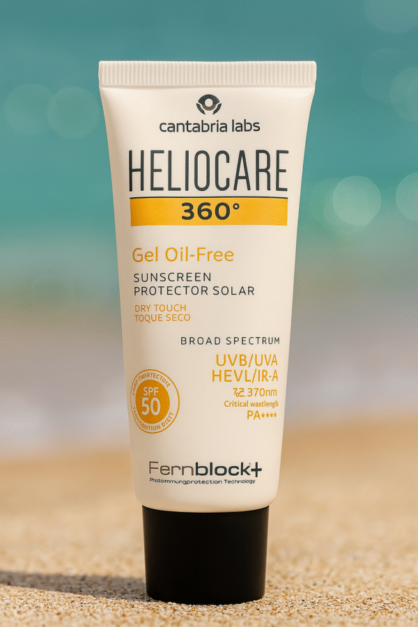 Gel solaire SPF50 oil‑free, anti‑sébum, large spectre UV, Fernblock® antioxydant. Texture sèche idéale peaux grasses, non comédogène.
