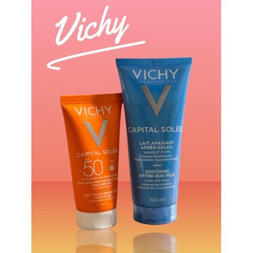 Pack Solaire Vichy CAPITAL SOLEIL : Émulsion Toucher Sec SPF50 (50ml) + Lait Apaisant Après-Soleil (100ml)