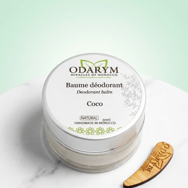 Pot de baume déodorant naturel Odarym à la noix de coco avec sa spatule d'application en bois