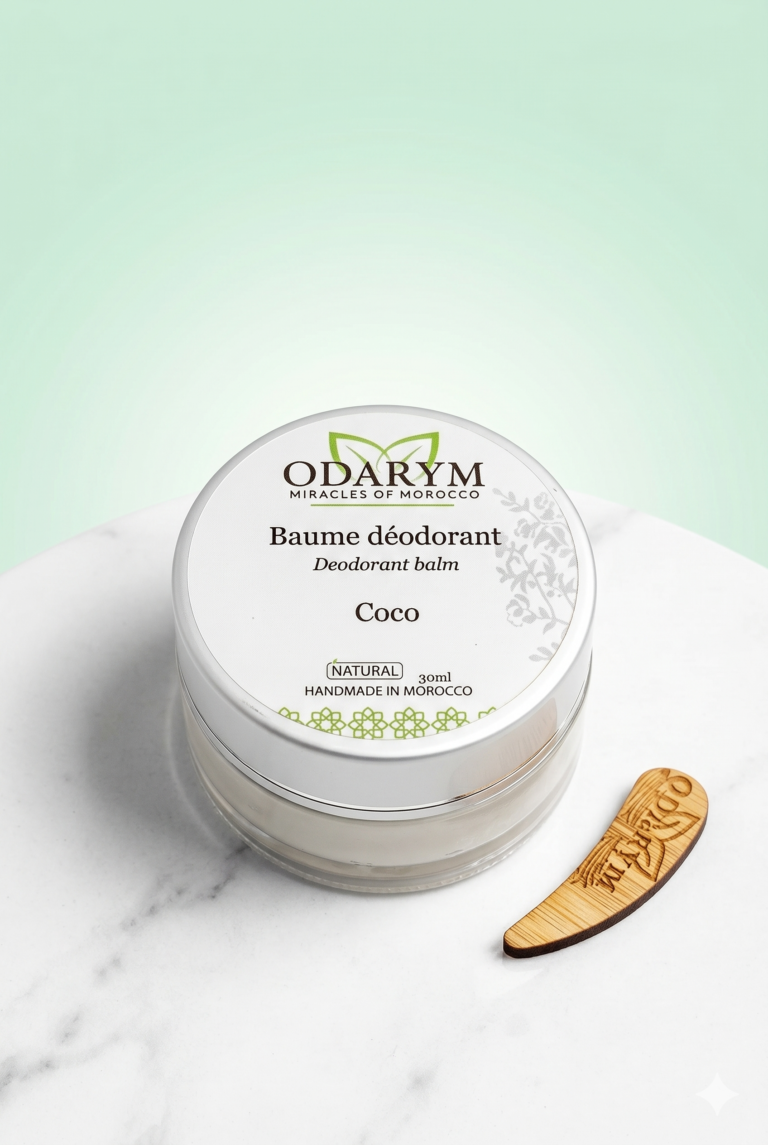 Pot de baume déodorant naturel Odarym à la noix de coco avec sa spatule d'application en bois